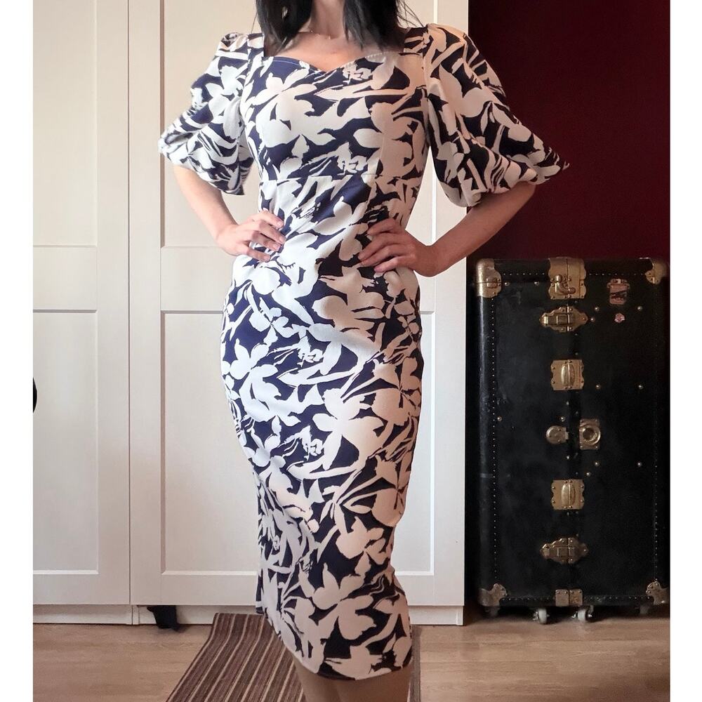 tropical floral puff sleeve midi dress